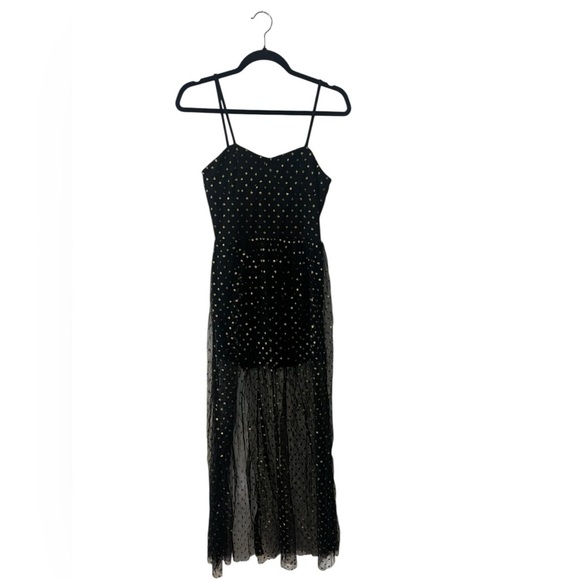 Black Maxi Slip with Gold Accents Dress Spaghetti Strap - Picture 1 of 9